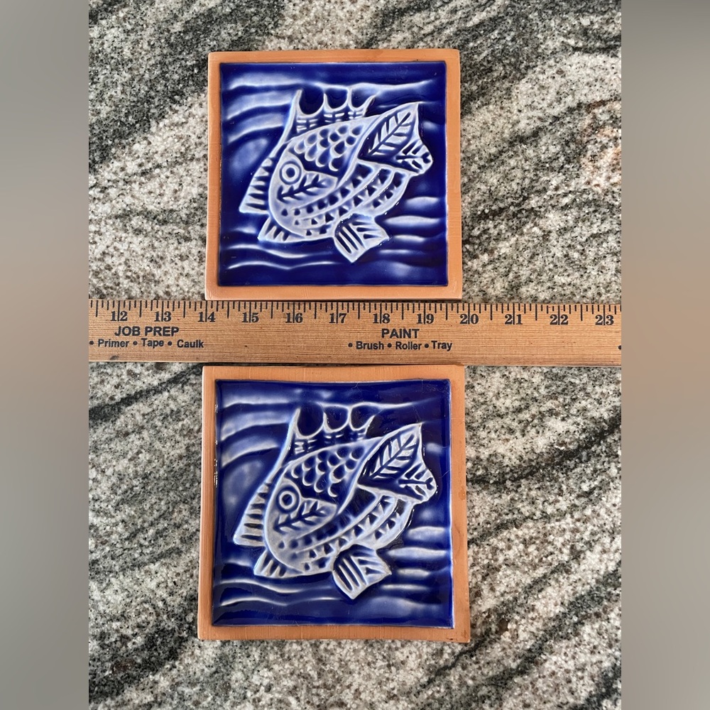 Fish and Mask Blue and White Tiles. 2 sets of 2 each. Imported terracotta